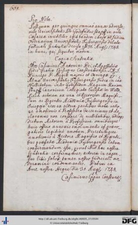 [S. 668] Auszug eines Schreibens von Franz Johann, Bischof von Konstanz, zum Konflikt zwischen Gottfried Magnus Stapf, Kanoniker des Stifts St. Margarethen in Waldkirch, und der Universität. (Hegne, 31.08.1748)