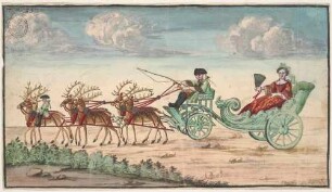 Von sechs Hirschen gezogener Muschelwagen, darin eine Dame