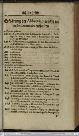 Erklärung der Abbreviaturen, so in dieser Grammaire enthalten