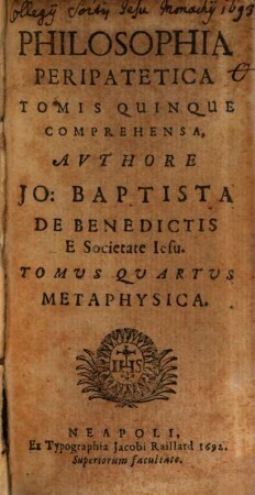 Philosophia Peripatetica : Tomis Quinque Comprehensa, 4. Metaphysica