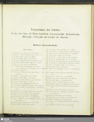 Verzeichniss der Schüler für den vollen Curs der Höhern Gewerbschule, Baugewerkenschule, Werkmeisterschule, Müllerschule, Färberschule und Fachschule für Seifensieder