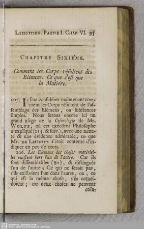Chapitre Sixième. Comment les Corps résultent des Elémens. Ce que c´est que la Matiére