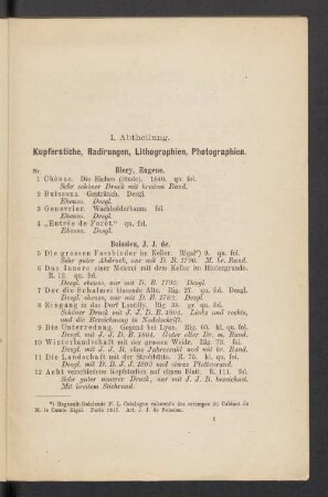 I. Abtheilung. Kupferstiche, Radirungen, Lithographien, Photographien