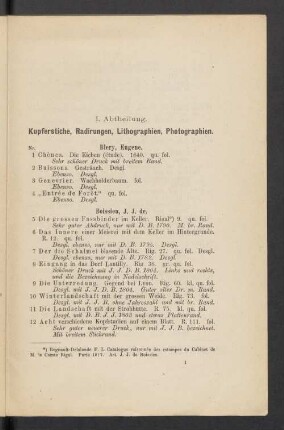 I. Abtheilung. Kupferstiche, Radirungen, Lithographien, Photographien