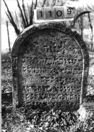 Grabstein 1109 (Index: 99753271) Material: Sandstein Zustand: leicht verwittert Maße HxBxT: 87x73x9 cm Beschreibung: Stele, Rundbogenabschluß, Schriftfeld eingetieft Besonderheit: über Schriftfeldrand hinausgeschrieben: Grabstein 1109