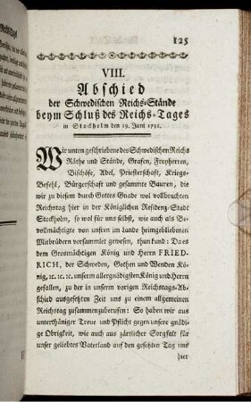 VIII. Abschied der Schwedischen Reichs-Stände beym Schluß des Reichs-Tages in Stockholm den 19. Juni 1731.