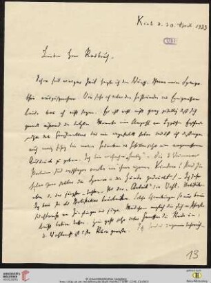 Brief von Ferdinand Tönnies an Gustav Radbruch