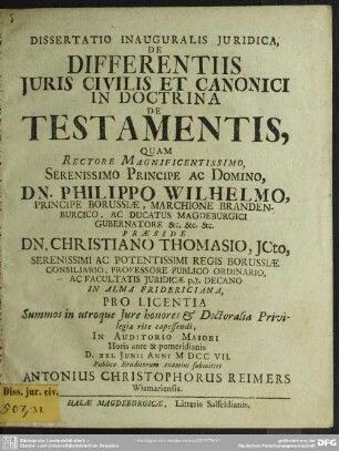 Dissertatio Inauguralis Iuridica, De Differentiis Iuris Civilis Et Canonici In Doctrina De Testamentis