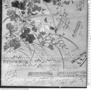 Kakemono mit Phantasieblumen und zwei fliegenden Enten