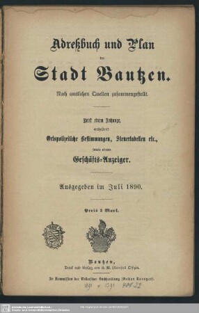 1890: Adreßbuch und Plan der Stadt Bautzen