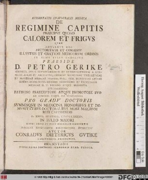 Dissertatio Inavgvralis Medica De Regimine Capitis Praecipve Qvoad Calorem Et Frigvs