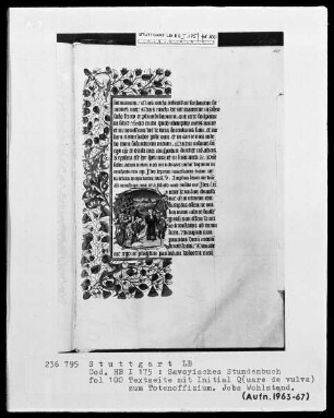 Liber horarum — Initiale Q (uare de vulva) mit Job erhält seine Kinder zurück, Folio 100recto
