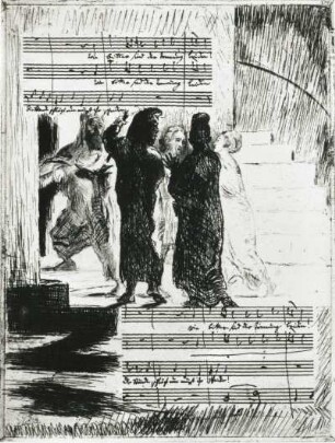 Wie bitter sind der Trennung Leiden I : Slevogt, Max: Randzeichnungen zu Mozarts Handschrift. Wie bitter sind der Trennung Leiden I. Radierung; 240 x 180 mm. 1918/1919. Aus: Mozart. Die Zauberflöte. Berlin, Verlag P. Cassirer 1920. Dresden: Kupferstich-Kabinett B 621 tu, 3