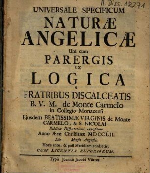 Universale Specificum Naturae Angelicae : Una cum Parergis Ex Logica