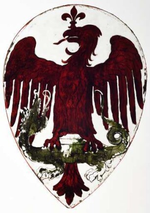 Glasmalerei mit tropfenförmiger Wappenscheibe Adler