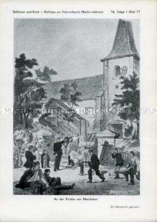 Darstellung von Verwundetenversorgung während der Schlacht bei Langensalza, Königreich Preußen gegen Königreich Hannover, 27. Juni 1866.