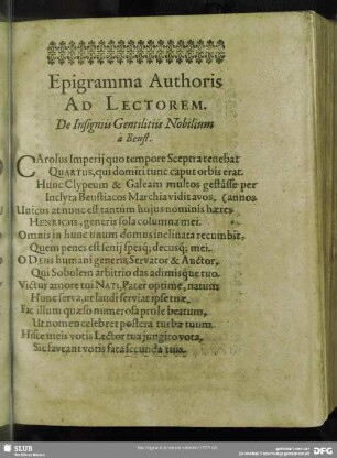 Epigramma Authoris Ad Lectorem. De Insigniis Gentilitiis Nobilium à Beust