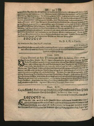 Num. XIII. Copia Decreti an den Pfenningmeister de dato 13. Dec. 1703.