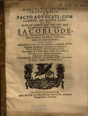Disputatio Iuridica Inauguralis, De Pacto Advocati Cum Cliente, De Quota Litis