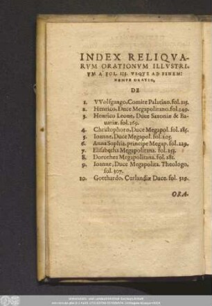 Index Reliquarum Orationum Illustrium À Fol. 115. Usque Ad Finem: Nempe Oratio.