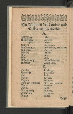 Die Nahmen der Länder und Städte auff Frantzösisch.