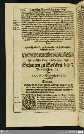 Die zwölffte Klag: und Trawrpredigt, Gehalten zu Borcken, den 3. Maji, Im Jahr 1632