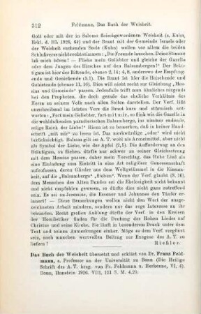 312-313 [Rezension] Feldmann, Franz, Das Buch der Weisheit