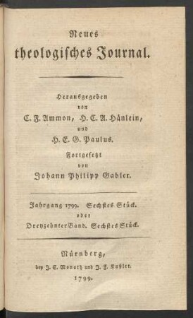 Jahrgang 1799. Sechstes Stück. oder Dreyzehnter Band. Sechstes Stück