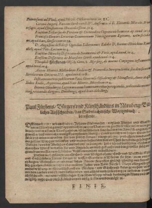 Paul Fürstens/ Bürgers und Kunsthändlers in Nürnberg Bitliches Außschreiben/ des Siebmacherisches Wappenbuch betreffendt.
