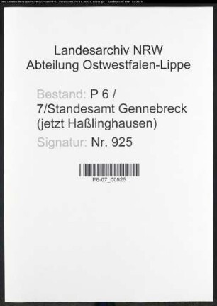 Sterberegister Standesamt Gennebreck