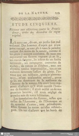 Etude Cinquieme. Réponse aux objections contre la Providence, tirées des désordres du regne végétal