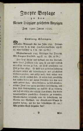 Zweyte Beylage zu den Neuen Leipziger gelehrten Anzeigen. Zum 15ten Januar 1795.
