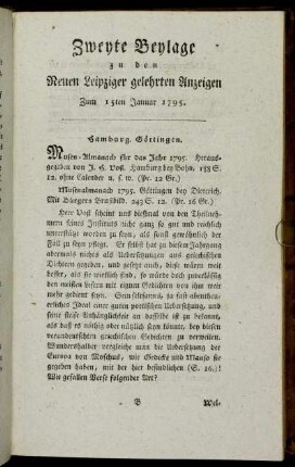 Zweyte Beylage zu den Neuen Leipziger gelehrten Anzeigen. Zum 15ten Januar 1795.
