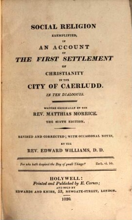 Social religion exemplified, in a account of the first settlement of Christianity in the City of Caerludd