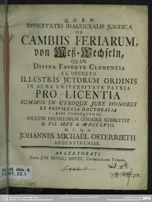 Dissertatio Inauguralis Iuridica De Cambiis Feriarum, von Meß-Wechseln
