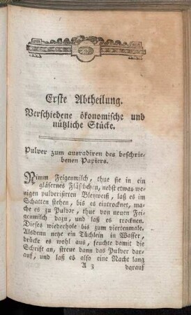Erste Abtheilung. Verschiedene ökonomische und nützliche Stücke.