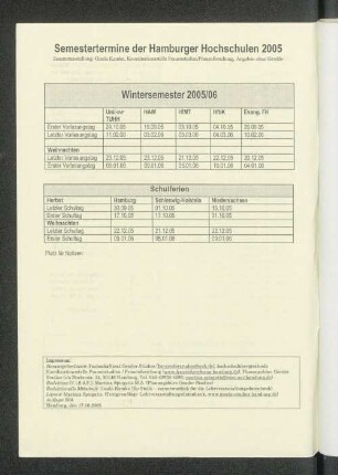 Semestertermine der Hamburger Hochschulen 2005