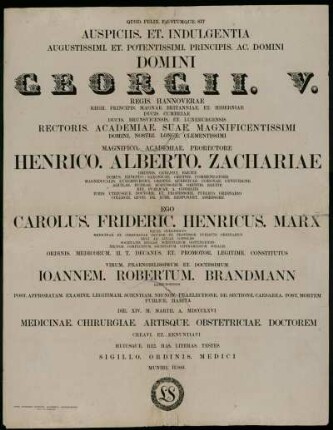 Quod. Felix. Faustumque. Sit Auspiciis. Et. Indulgentia [...] [Urkunde zur Promotion des Johann Robert Brandmann zum Dr. med., Hamburg, 1866]