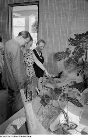 Besucher der Leipziger Herbstmesse 1954 betrachten ausgestellte Felle in der indischen Sektion