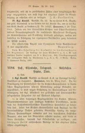 XXVII. Post, Eisenbahn, Telegraph. - Reisekosten. - Papier, Tinte