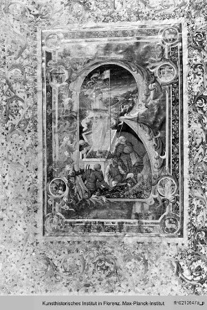 Buchseite mit Randbordüre und historisierte Initiale R: Christi Auferstehung - Graduale