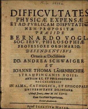 Difficvltates Physicae Expensae Et Ad Pvblicam Dispvtationem Propositae