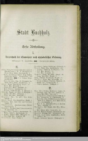 Erste Abtheilung. Einwohnerverzeichnis : Erste. Abtheilung. Verzeichniß der Einwohner nach alphabetischer Ordnung