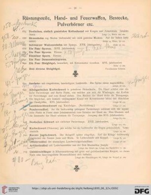 Rüstungsteile, Hand- und Feuerwaffen, Bestecke, Pulverhörner etc. (Nr. 685 - 732)