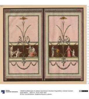 3 Blatt Wandfüllungen im antiken Geschmack mit einem Figurenfries, koloriert. Auf dem einen Blatt in der Mitte eine Glastür.