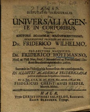 Disputatio Inauguralis De Universali Agente In Corporibus