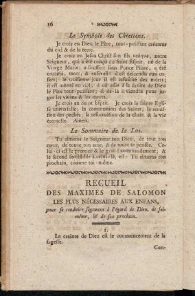 Recueil Des Maximes De Salomon Les Plus Nécessaires Aux Enfans, [...].