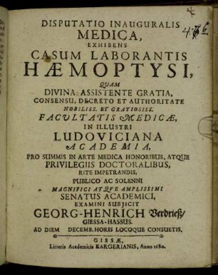 Disputatio Inauguralis Medica, Exhibens Casum Laborantis Haemoptysi