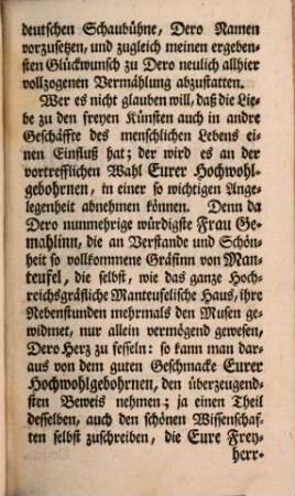 Die Deutsche Schaubühne : nach den Regeln der alten Griechen und Römer, 1. Nach den Regeln und Exempeln der Alten ; nebst einer Vorrede und des Erzbischofs von Fenelon Gedanken von der Tragödie und Comödie