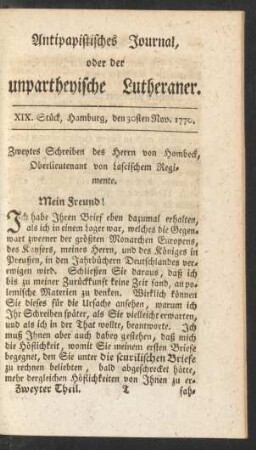 XIX. Stück, Hamburg, den 30sten Nov. 1770